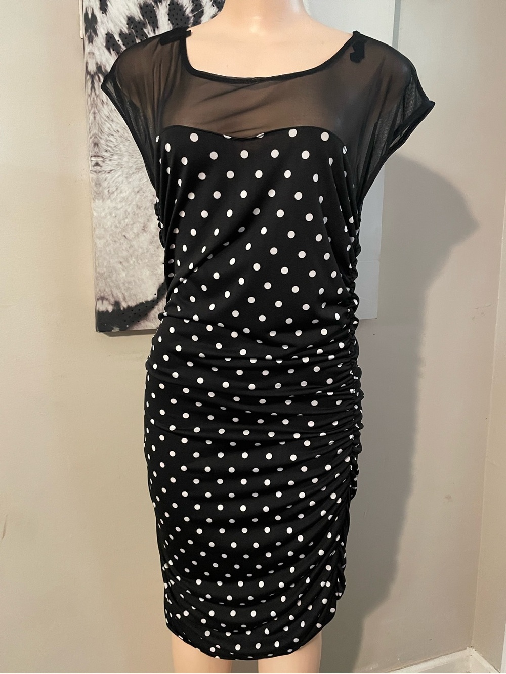 Star Vixen Polka Dot Bodycon pinup style Dress sheer mesh illusion 80s insp L